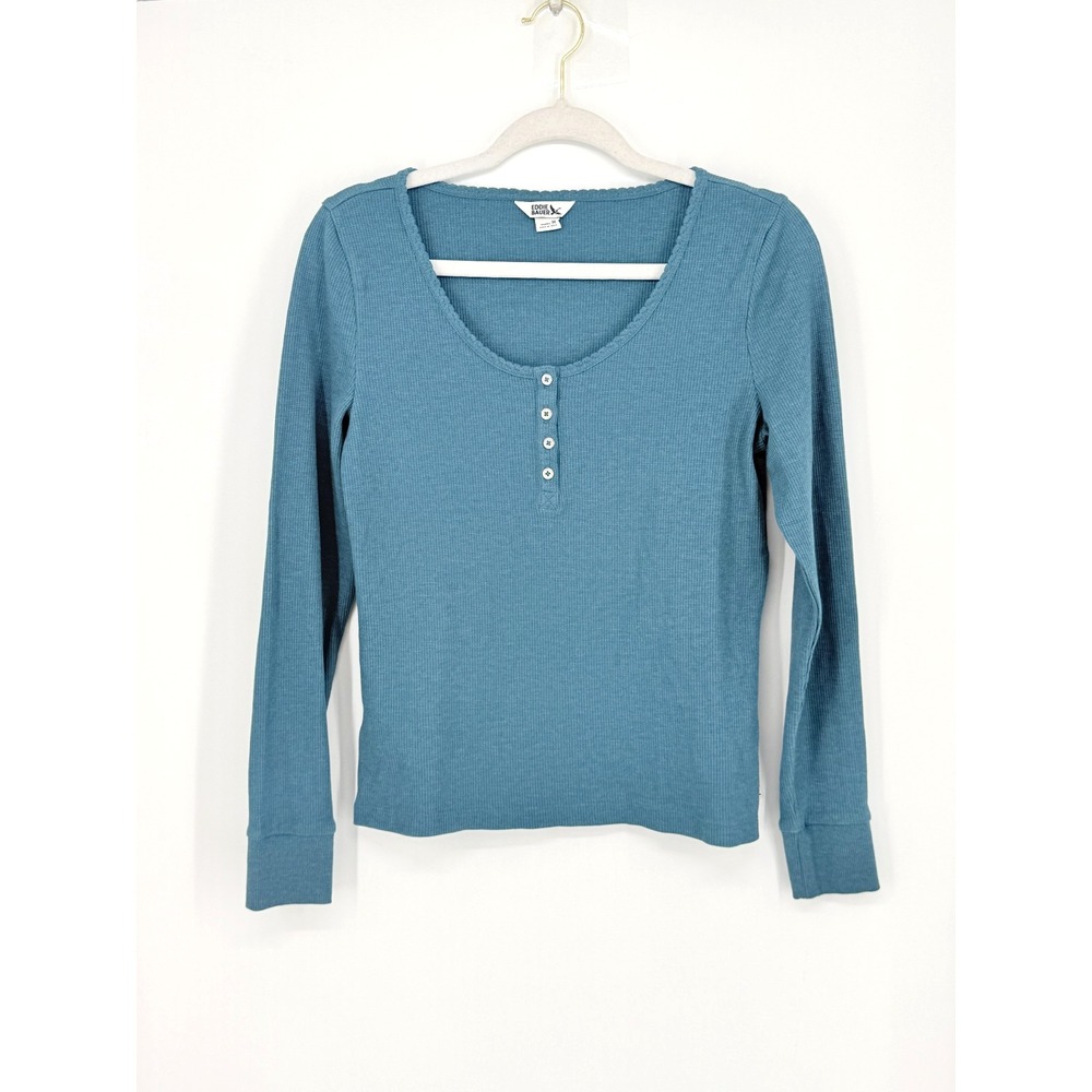 Eddie Bauer Womens Y2K Thermal Henley Top Indie Grunge Preppy Blue Size M